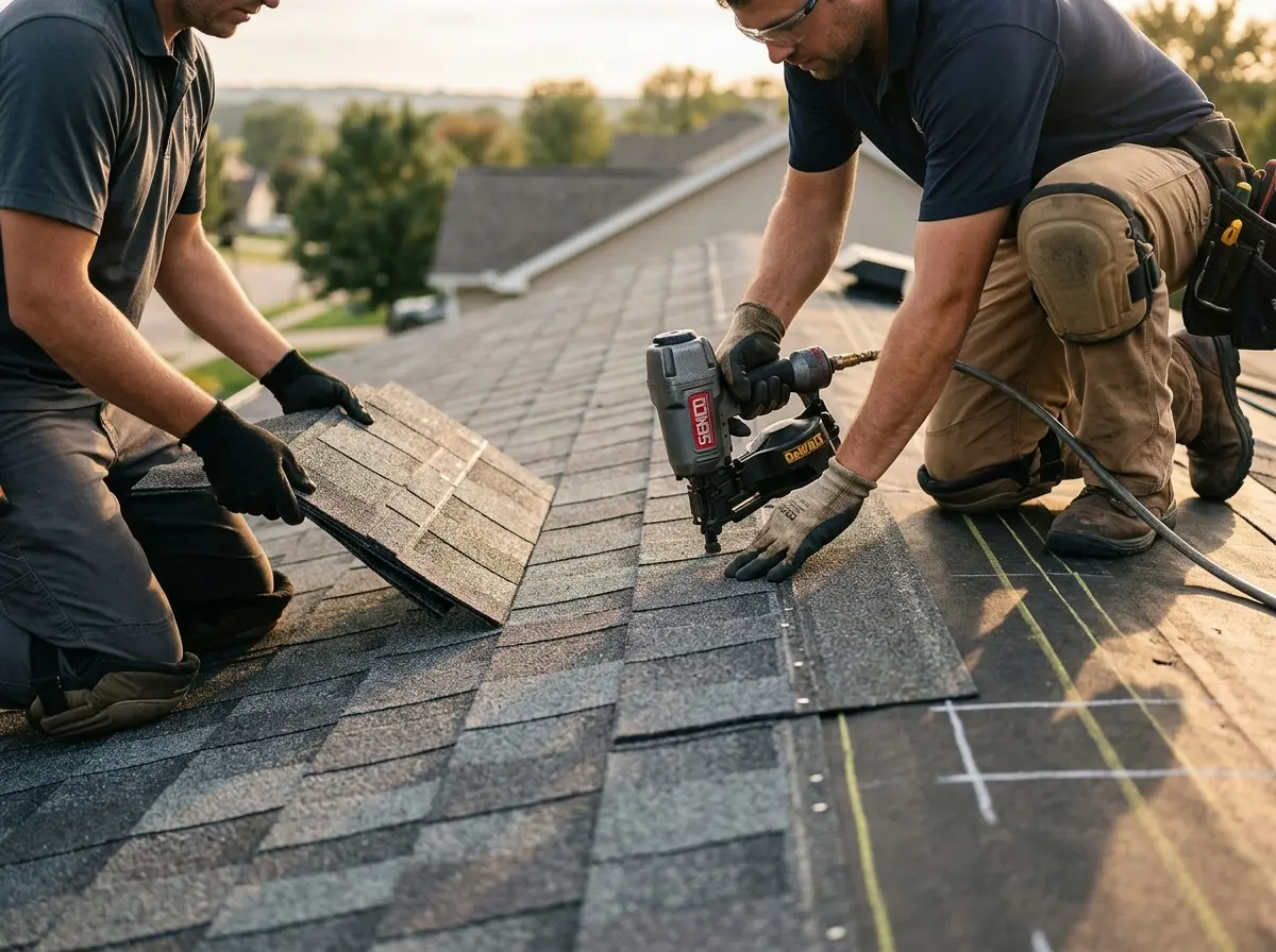 Professional roofer working on a residential roof in Fall River
